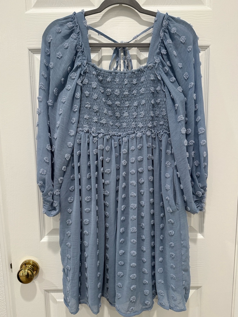 Listicle Blue Textured Swiss Dot Smocked Babydoll Dress
